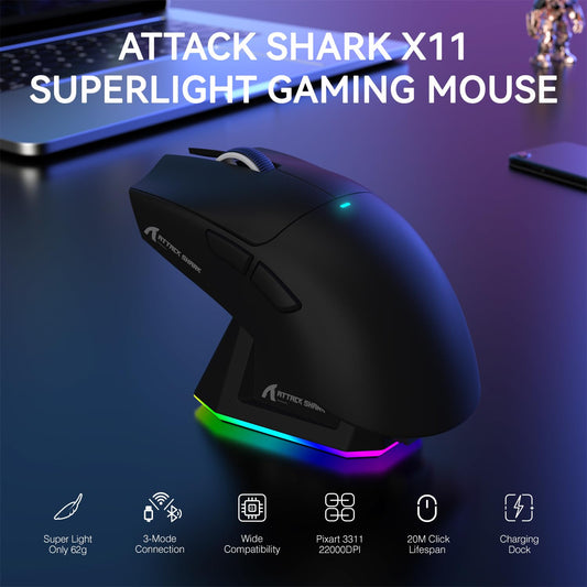 ATTACK SHARK X11 Wireless Gaming Mouse - RGB, 22K DPI, Tri-Mode, 5 Buttons, Black