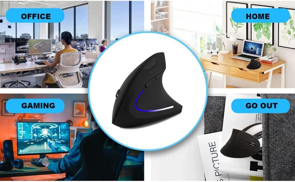 SHARE SUNSHINE Wireless Ergonomic Vertical Left-Handed Mouse, 1600 DPI, LED Light, Black - Lightweight Optical Mouse for PC/Mac
