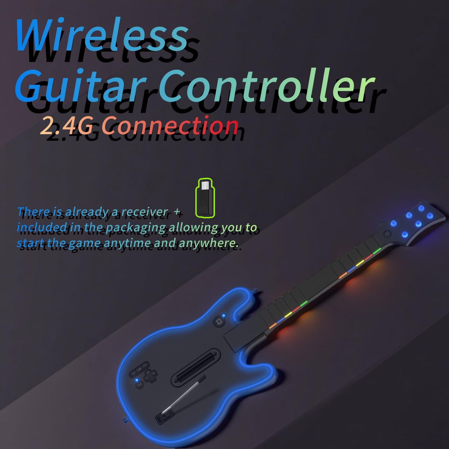 Lyvix Wireless Guitar Controller for PS4/PS3/PC - RGB Light & Colorful Strap - Black Colorful - Compatible with Guitar Hero & Rock Band