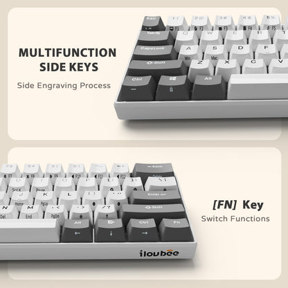 iLovBee i61 Mechanical Keyboard - 60% Wired Hot Swappable RGB, 61 Keys, Red Switch, Compact Design, Grey-White