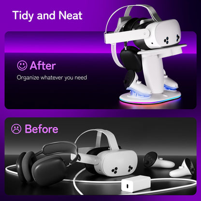 Saqico Fast Charging Dock for Meta Quest 2/3/3S VR Headset & Controllers, RGB Station with 2 Rechargeable Batteries & UL Adapter