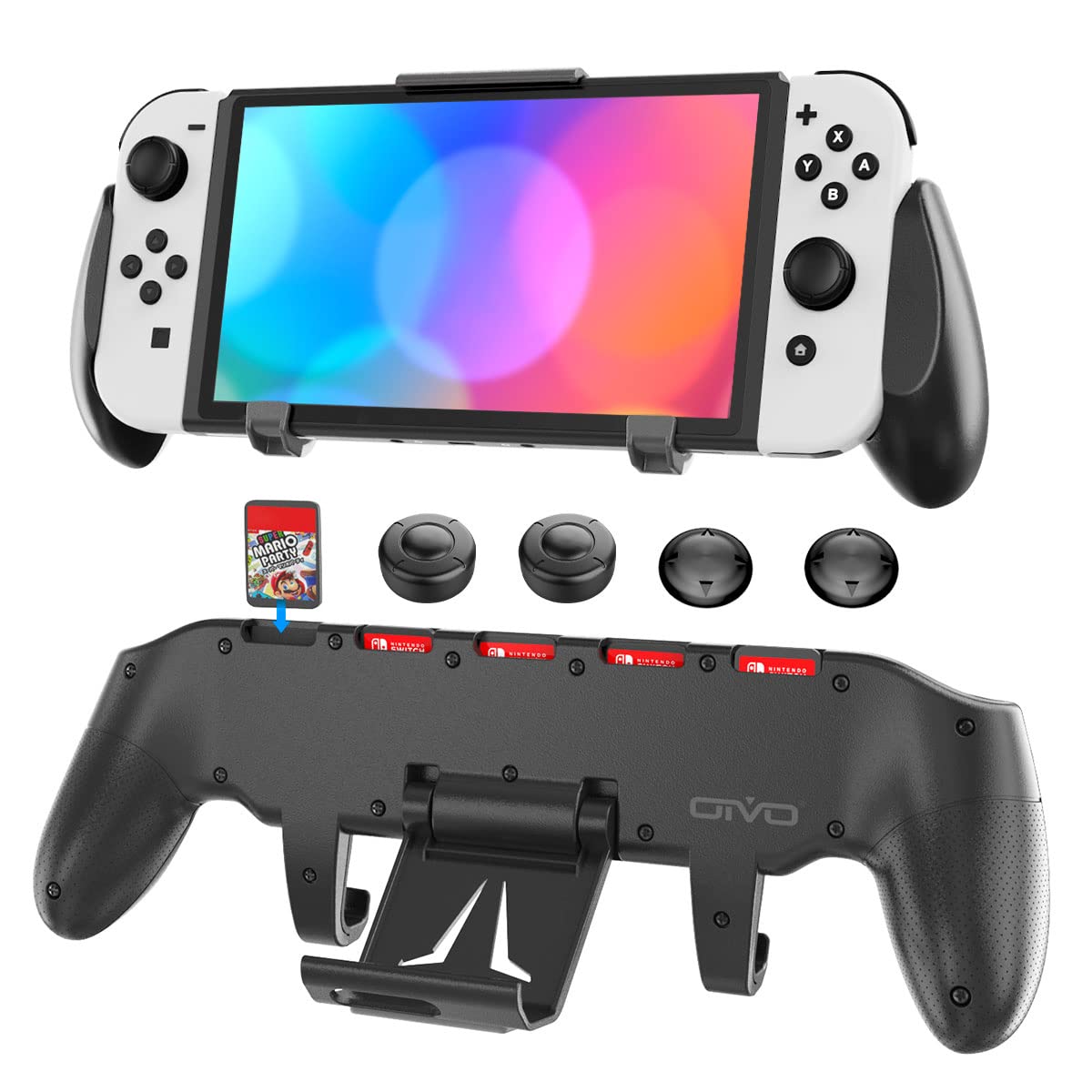Switch Grip with Upgraded Adjustable Stand  Compatible with Nintendo Switch & OLED  OIVO Asymmetrical Grip with Adjustable Stand and 5 Game sections-4 Thumb Caps Included
