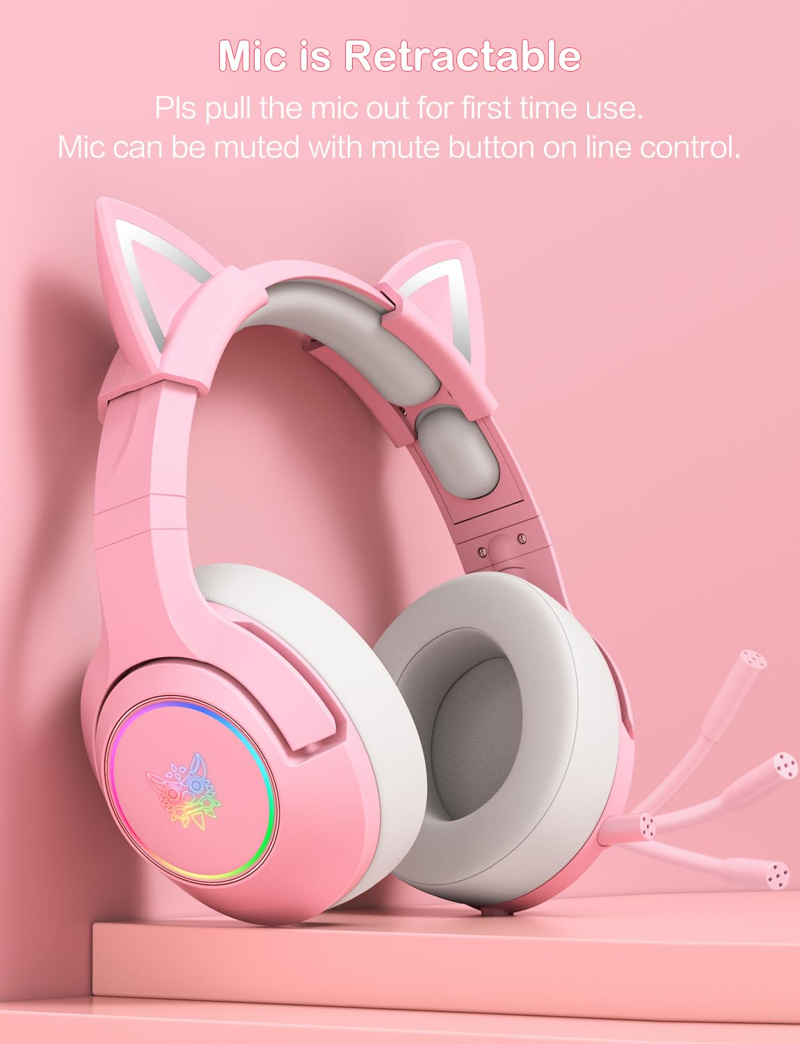 PHNIXGAM Cat Ear Gaming Headset, Wired Over-Ear with Microphone, Surround Sound, LED Light, Light Pink, Model K9
