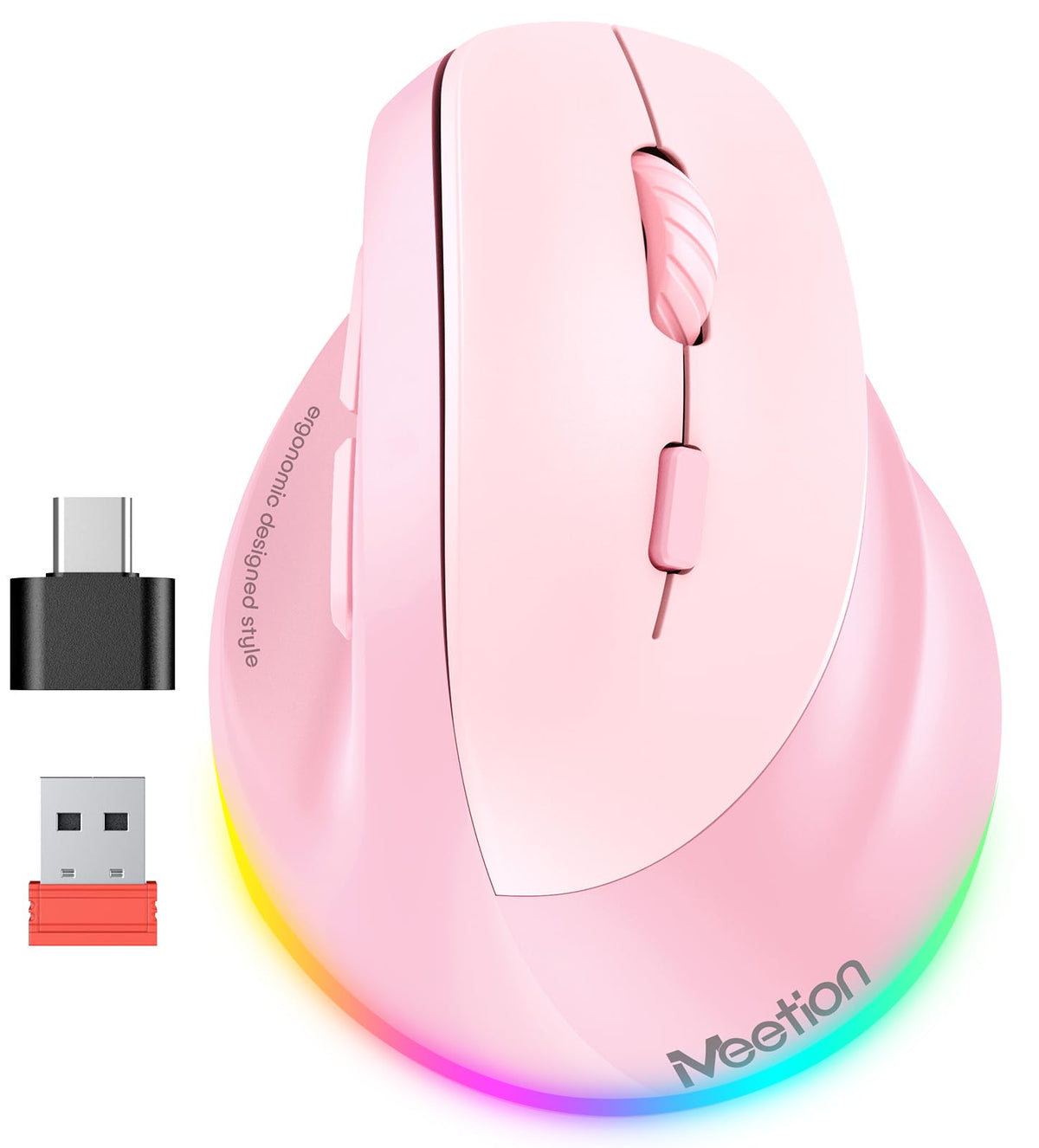 MEETION Ergonomic Mouse  Wireless Vertical Mouse RGB Backlit Rechargeable Mice for Bluetooth(5.2 + 3.0) USB-A with Type-c Adapter 4 Adjustable DPI Compatible Mac/Windows/Andriod/PC/Tablet/iPad Pink