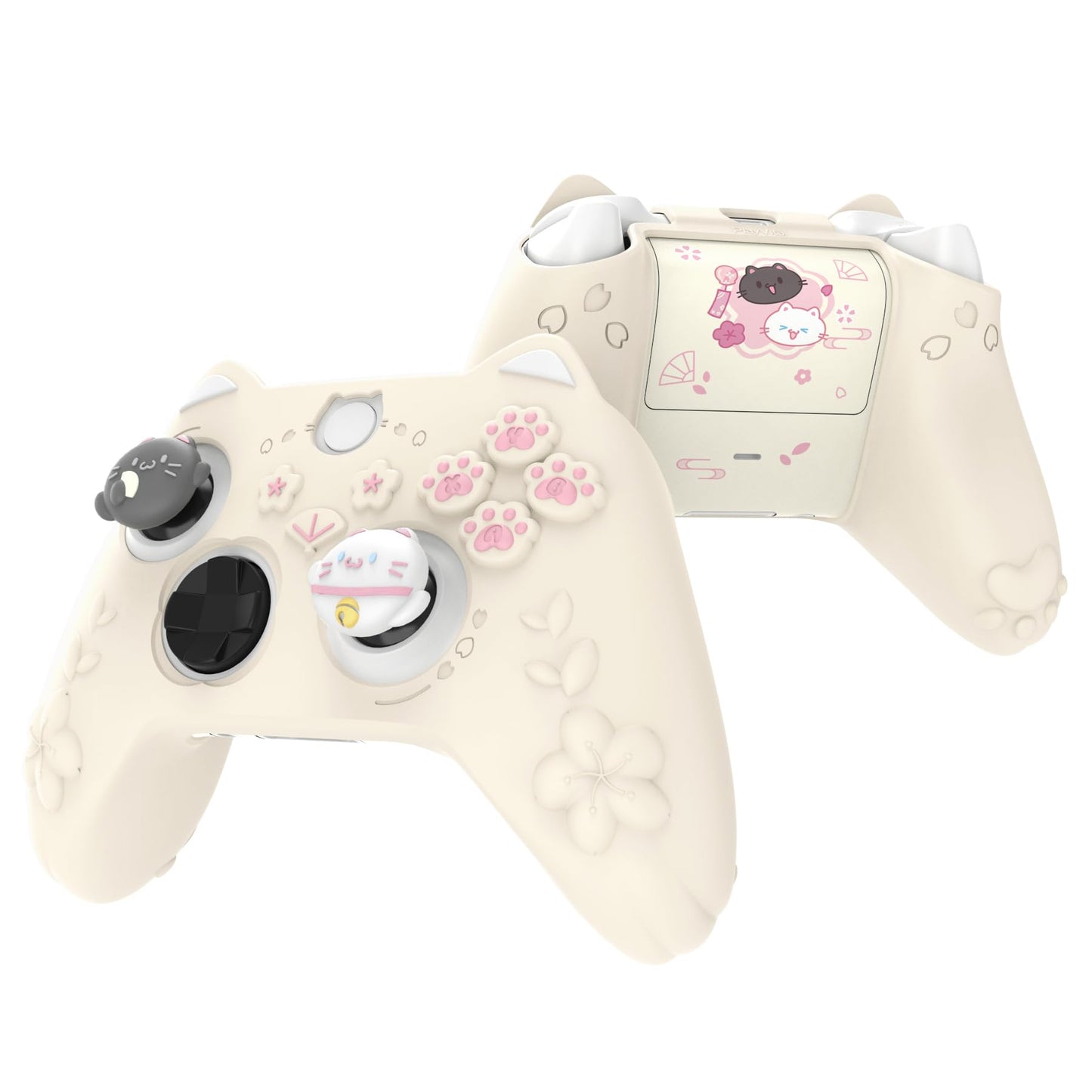PlayVital Cute Silicone Controller Skin for Xbox Series X/S-Cherry Blossoms Kitten Anti-Slip Grip Protector W/Thumb Grips & Stic