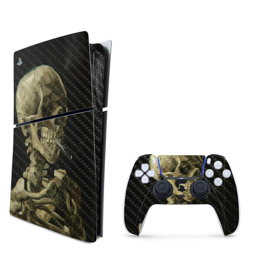 MightySkins Carbon Fiber Skin for PS5 PlayStation 5 Slim Digital Edition Bundle - Skull with Cigarette Protective Durable Textured Carbon Fiber Finish Easy to Apply Made in The USA