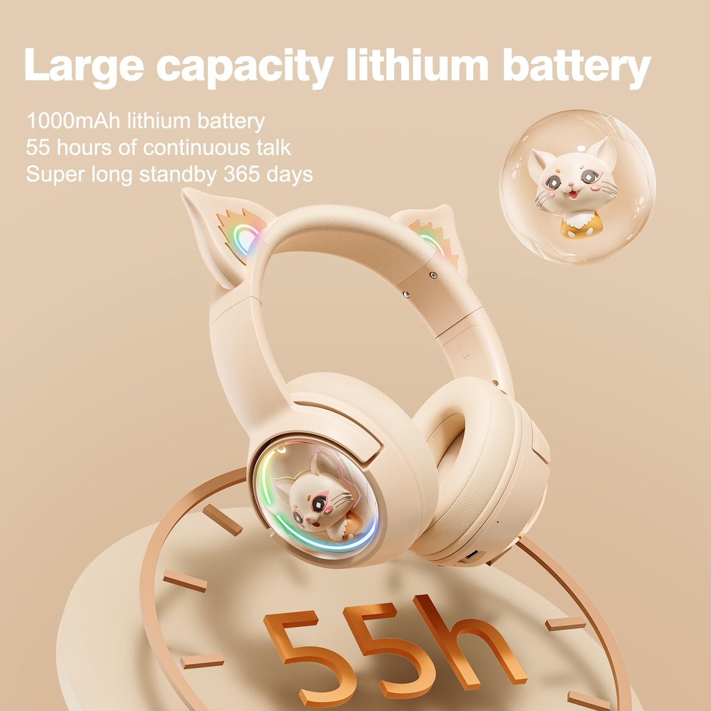 PHNIXGAM Cat Bluetooth Headphones, Wireless Headset with Mic, RGB LED Light, Beige, Model B5, For Kids and Adults