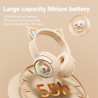 PHNIXGAM Cat Bluetooth Headphones, Wireless Headset with Mic, RGB LED Light, Beige, Model B5, For Kids and Adults