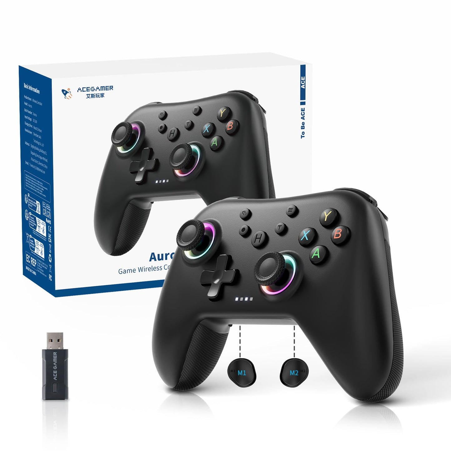 AceGamer Aurora II 2.4G Wireless Bluetooth Controller for PC/Android/Switch/iOS/Switch 2/Steam Deck with Rotary Motors  RGB Hall Effect Joysticks - Upgraded PC Gaming Controller and Back Buttons Lock