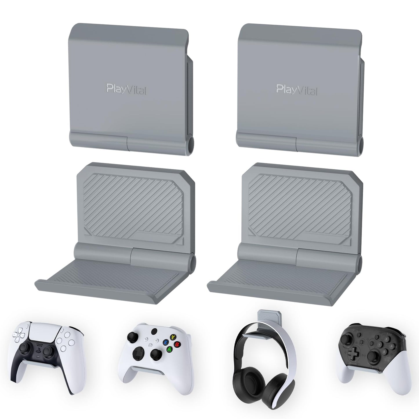 PlayVital 4 Pack FOLD Controller Holder Wall Mount for PS5 PS4 Xbox Switch Pro Headset  Universal Controller Acessories Organizer Headphone Stand - Foldable Anti-Slip Strong Adhesive  New Hope Gray