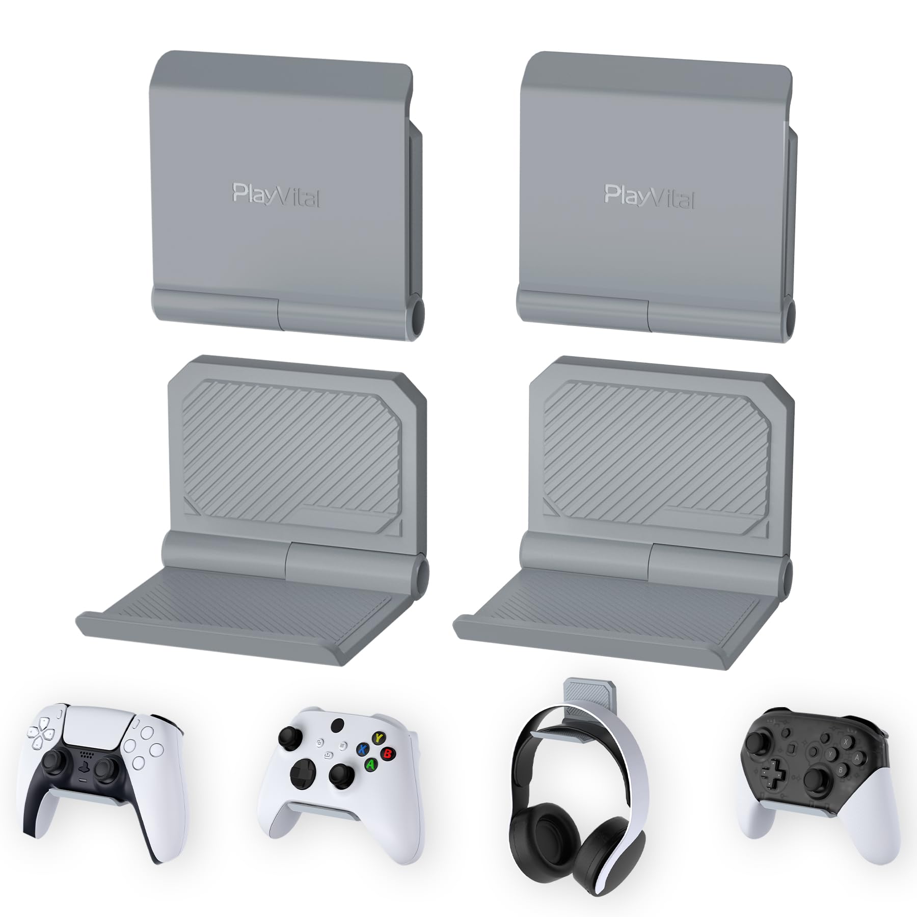 PlayVital 4 Pack FOLD Controller Holder Wall Mount for PS5 PS4 Xbox Switch Pro Headset  Universal Controller Acessories Organizer Headphone Stand - Foldable Anti-Slip Strong Adhesive  New Hope Gray