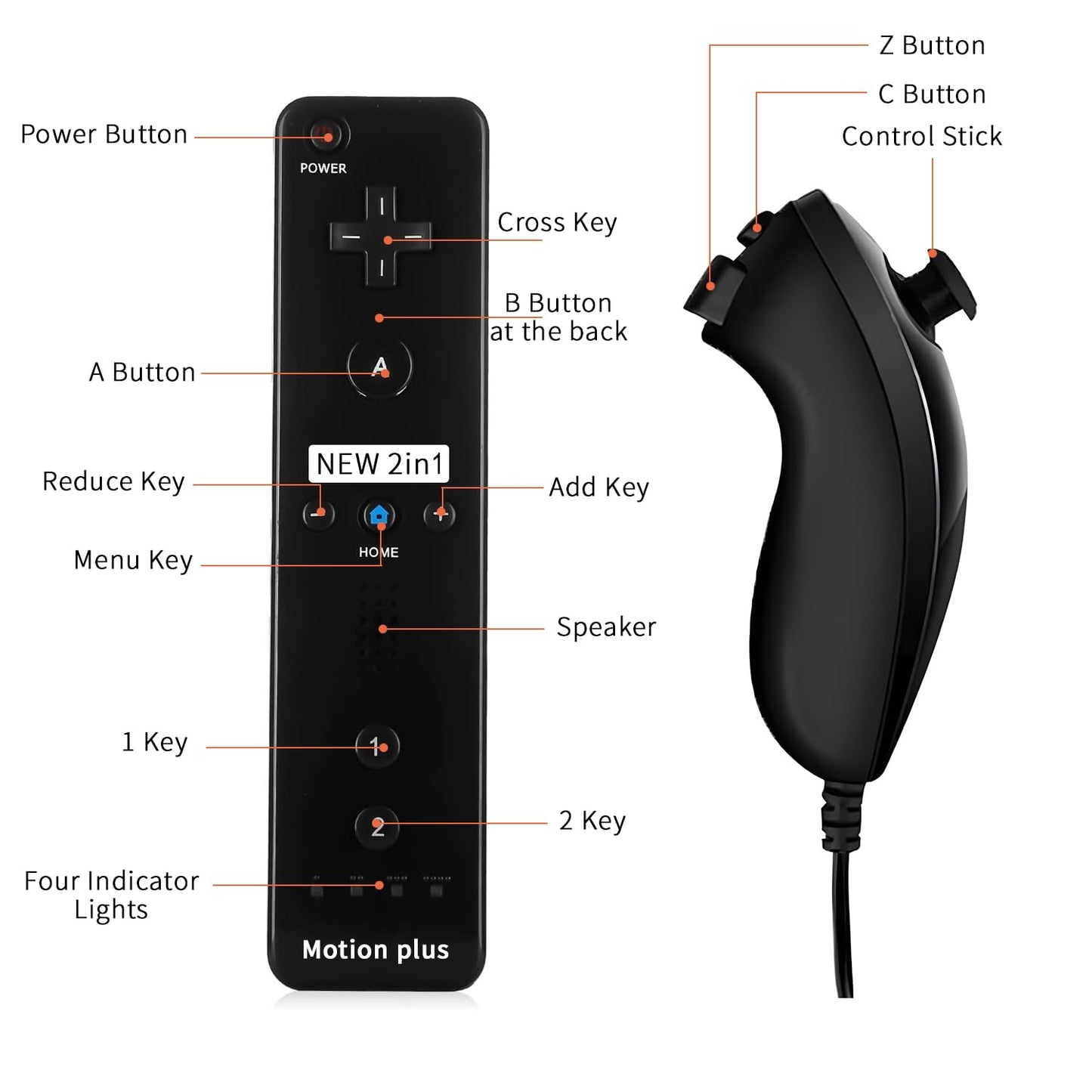 QUMOX Wii Nunchuck Remote Controller with Motion Plus, Shock Function, Black