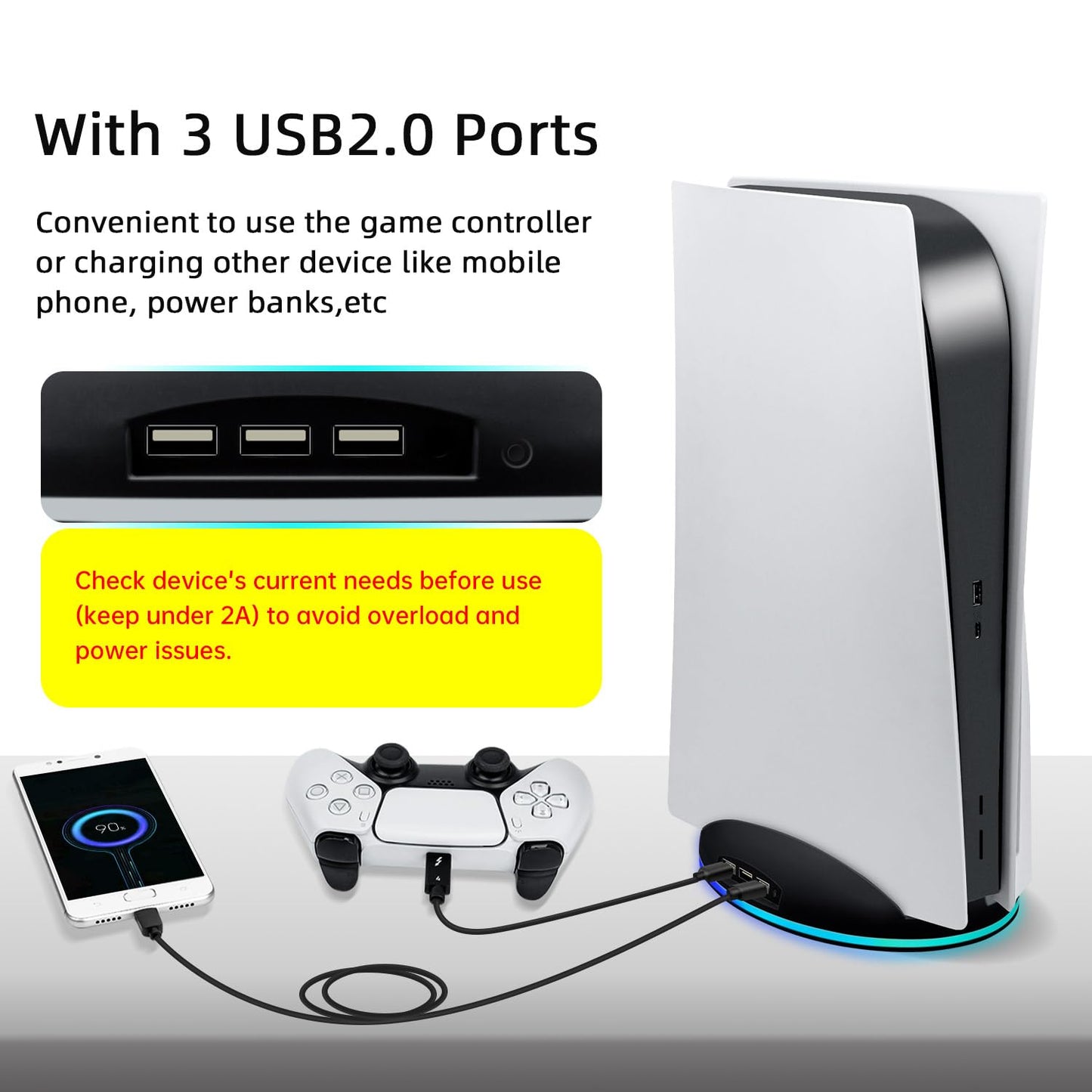 Mcbazel RGB Vertical Stand for PS5 - LED Base, USB Hub, Black, Model MT-050087 (Not for PS5 Slim/Pro)