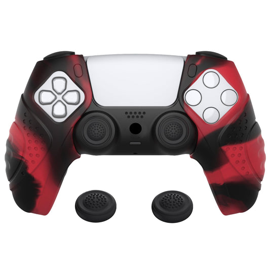 PlayVital Guardian Edition Ergonomic Soft Controller Silicone Case Grips for ps5 Compatible with Charging Station Rubber Protector Skins with Thumbstick Caps for ps5 Controller - Red & Black