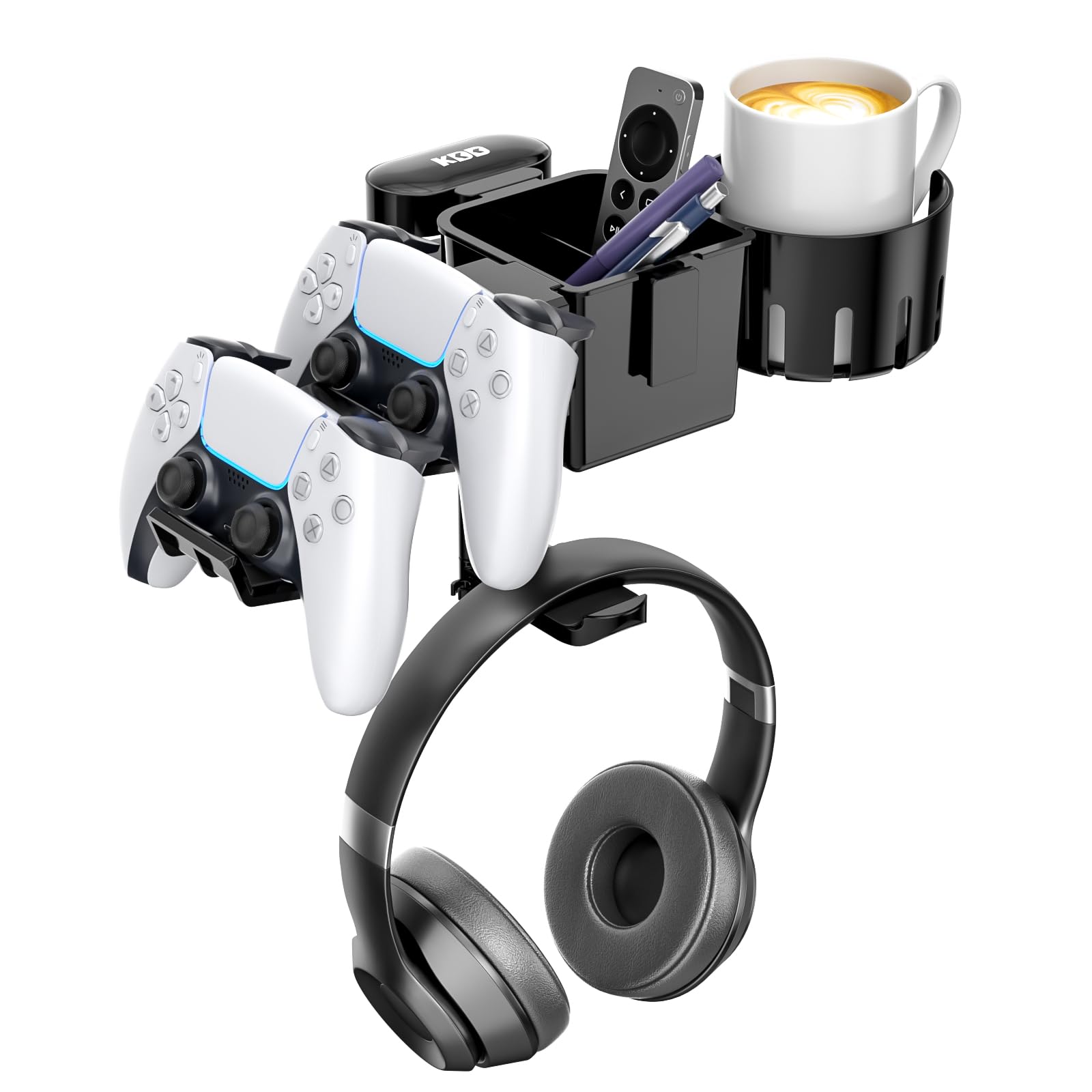KDD 5 in 1 Desk Controller Holder - Rotating Headphone Hanger with Cup Holder - Clamp On Desk Organizer Holds Controller  Headphone  Cup  Mobile phone and Pen(Black)