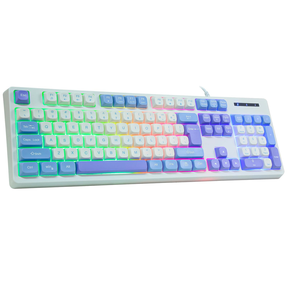 HUO JI Wired Gaming Keyboard with Rainbow LED Backlit  Floating Keys  Mechanical Feeling  Spill Resistant  Ergonomic Full Size for Xbox  PS Series  Desktop  Computer  PC (White Blue)