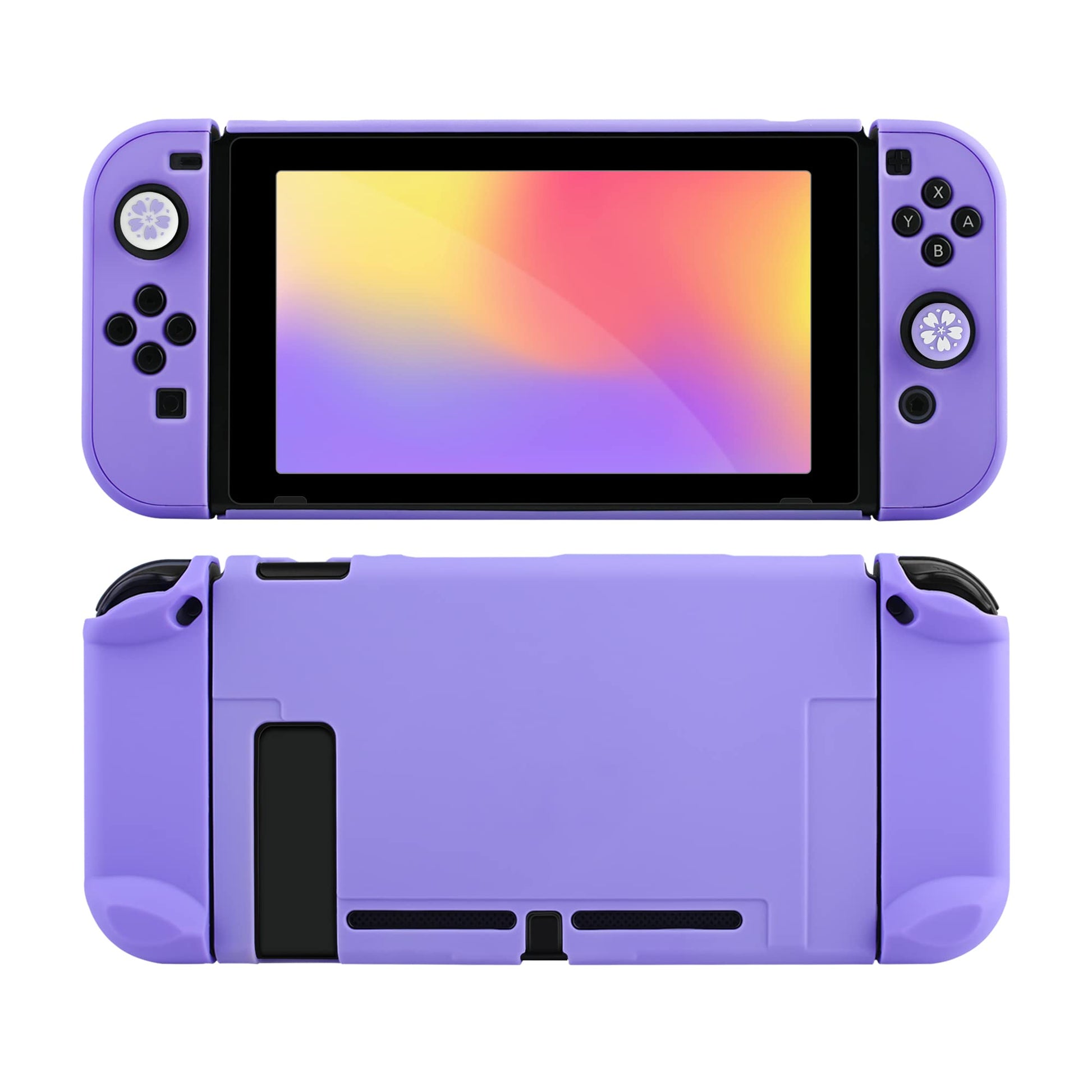 FANPL Case for Nintendo Switch  Hard Shell Cute Protective Case Cover for Switch and Joy Con Controller with 2 Flower Thumb Grips - Comfortable Touch (Purple)