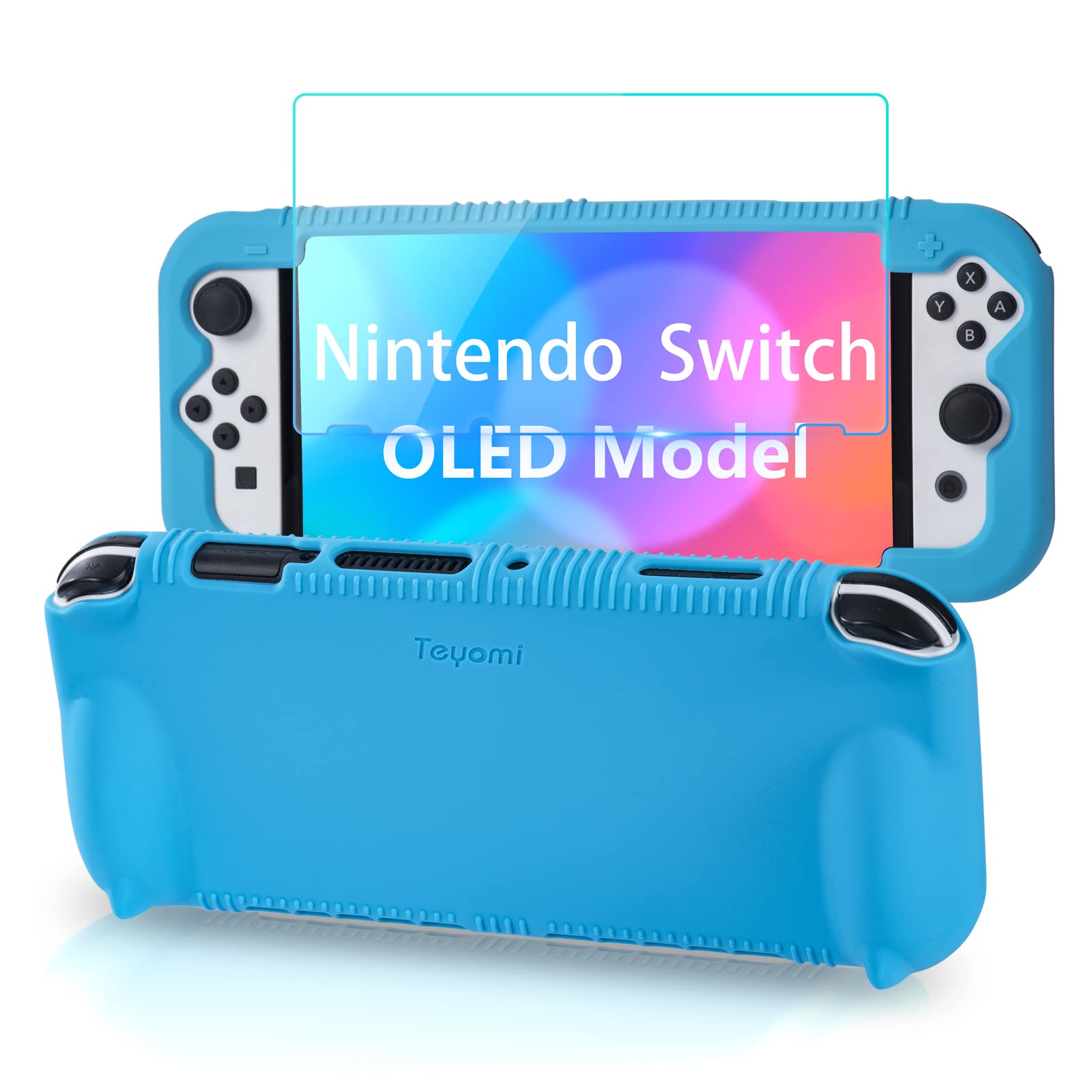 Teyomi Silicone Case for Nintendo Switch OLED with 2 Game Cards Slots  [Kids Friendly] Shockproof Protective Cover with Tempered Glass Screen Protector  Ergonomic Grip Case for Switch OLED  Blue