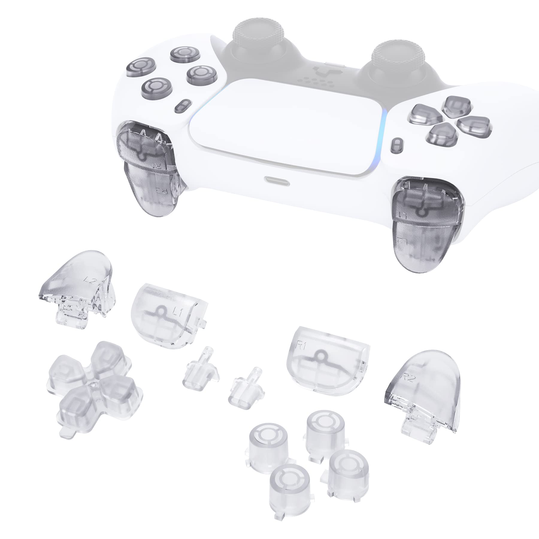 eXtremeRate Replacement D-pad R1 L1 R2 L2 Triggers Share Options Face Buttons  Clear Full Set Buttons Compatible with ps5 Controller BDM-010 & BDM-020