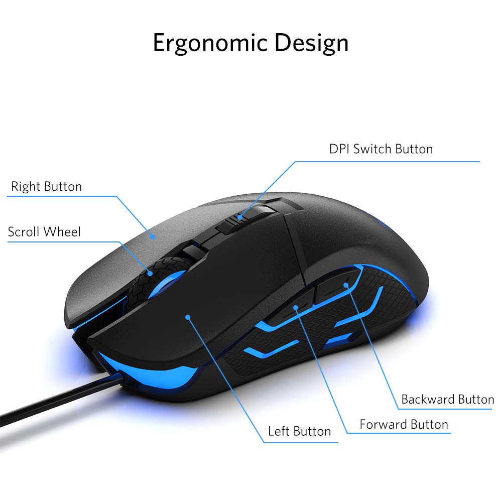 Fiodio Wired Gaming Mouse F260, 5500 DPI, RGB Lighting, Ergonomic Design, Black-RGB, 6 Buttons for Windows 7/8/10