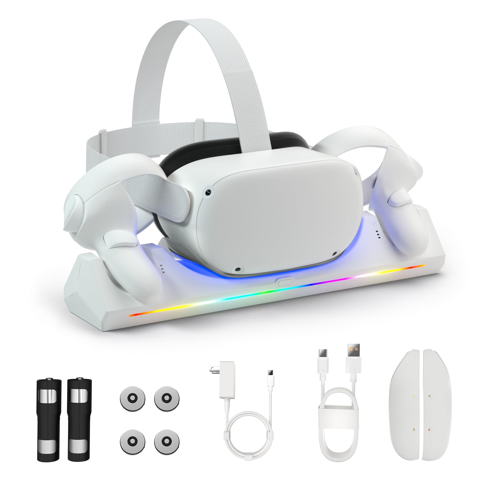 Bioherm Charging Dock for Oculus Quest 2  Magnetic Charging Station for Meta Quest 2 VR Headset & Controllers  with 2 Rechargeable 2100mAh Batteries  USB-C Charger and Cable  Supports LED Indicator
