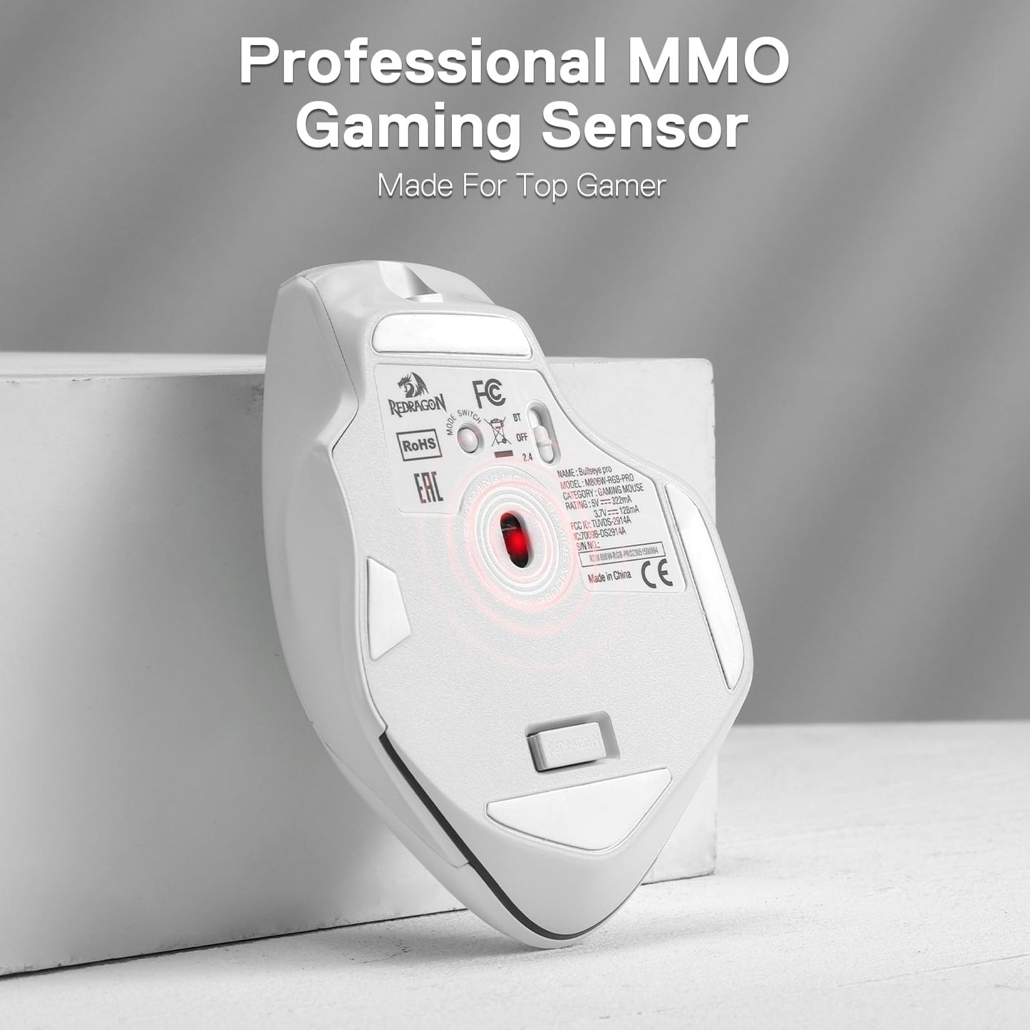 Redragon M806 Wireless Gaming Mouse - RGB, 7 Programmable Buttons, Ergonomic Design, 3-Mode Connection, White