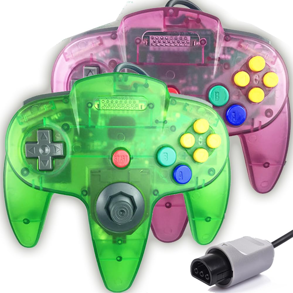 Tevodo N64 Controller  Upgraded Joystick Classic Wired Controller Compatible with N64 Console(Clear Purple and Clear Green)