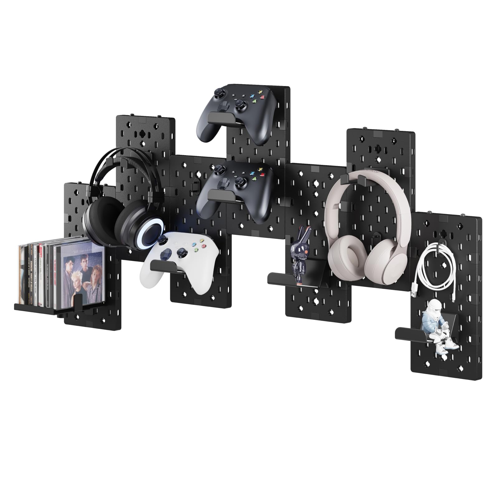 PEGZONE Controller and Headphone Holder Wall Mount  Modular Gaming Pegboard with Accessories  Controller Stand for Xbox PS5 PS4 Switch  Video Game Storage  Disc Shelf Organizer  7pcs Pegboard  Black
