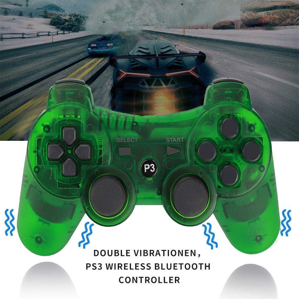 Burcica PS3 Wireless Controller 2 Pack - Motion Sense, Dual Vibration, Transparent Green & Blue