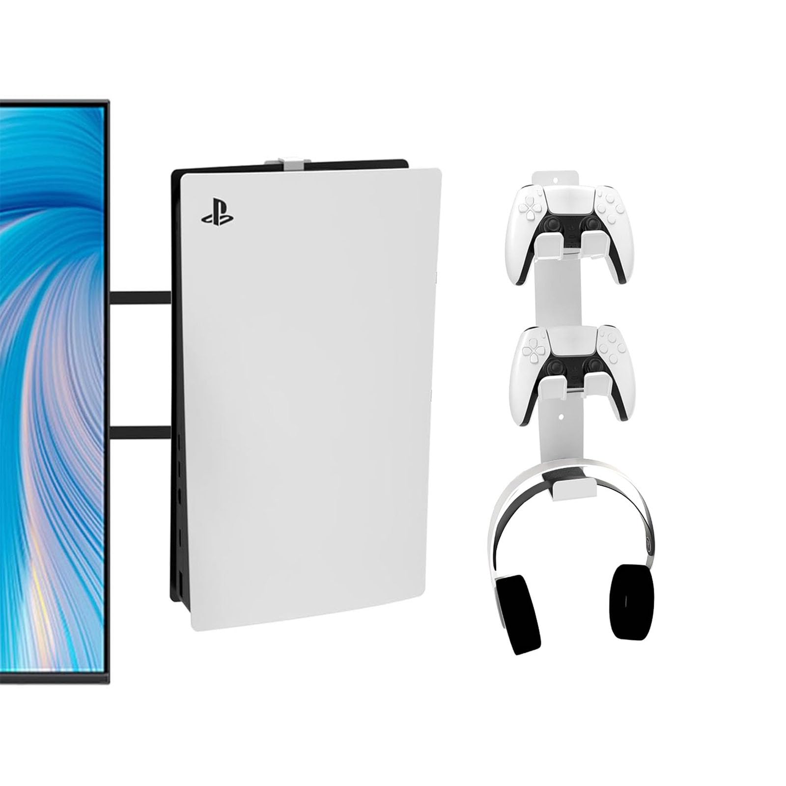 ZYTHRONE Wall Mount for PS5/PS5 Slim/PS5 Pro Console-Bracket for PS5/PS5 Pro/ PS5 Slim (Digital and Disc) Sturdy and Not Fall Off +1Controller Headphone Holder White