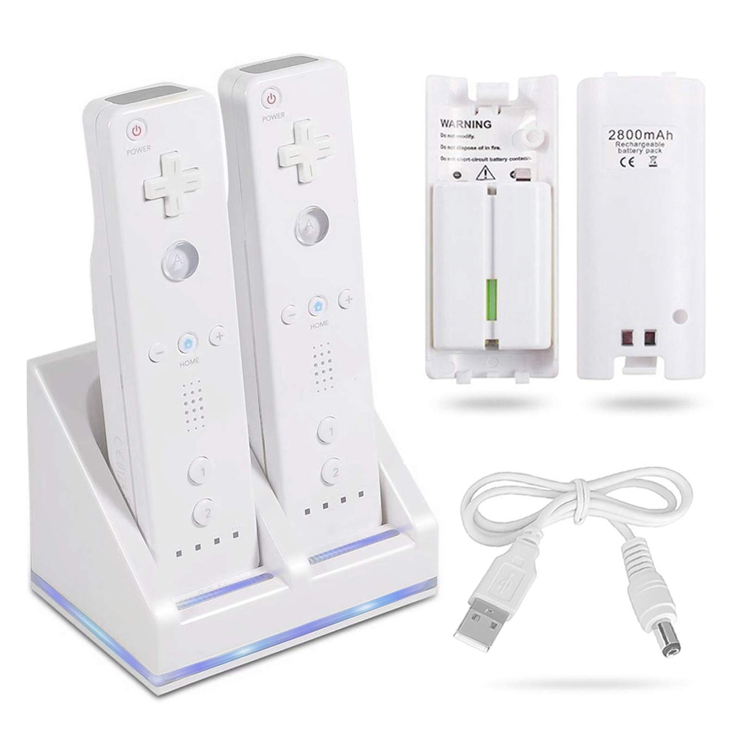 NATNO Rechargeable Battery Packs with Charger for Wii & Wii U - Dual Remote Dock + 2x 2800mAh Batteries + USB Cable