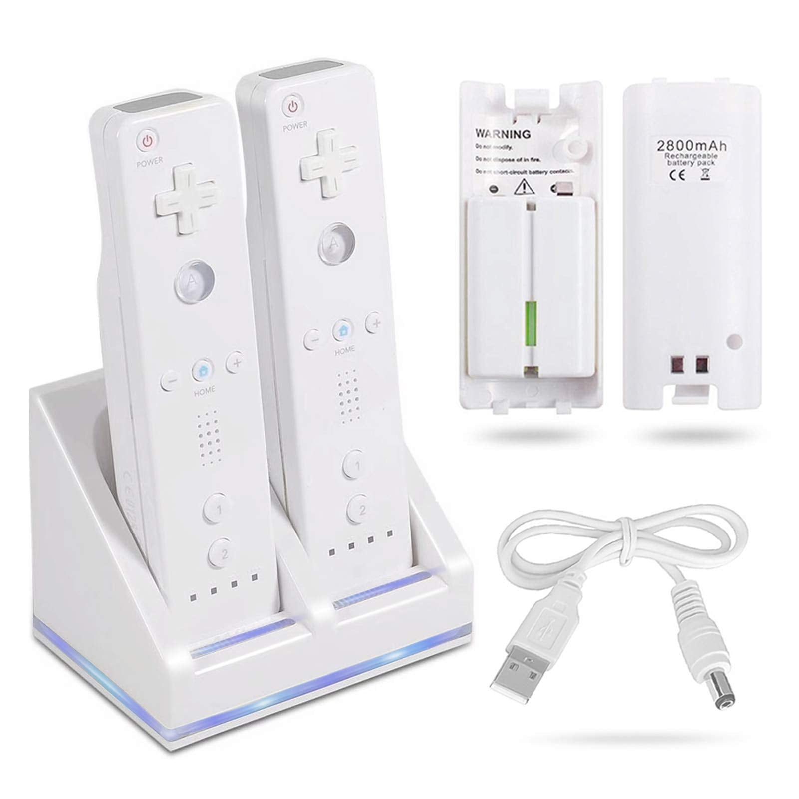 NATNO Rechargeable Battery Packs with Charger for Wii & Wii U - Dual Remote Dock + 2x 2800mAh Batteries + USB Cable