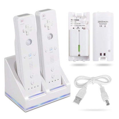 NATNO Rechargeable Battery Packs with Charger for Wii & Wii U - Dual Remote Dock + 2x 2800mAh Batteries + USB Cable