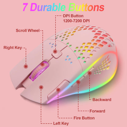 VEGCOO C30 Wireless Gaming Mouse - Silent Click, 3-Level DPI, Rechargeable, Colorful LED Lights, Pink