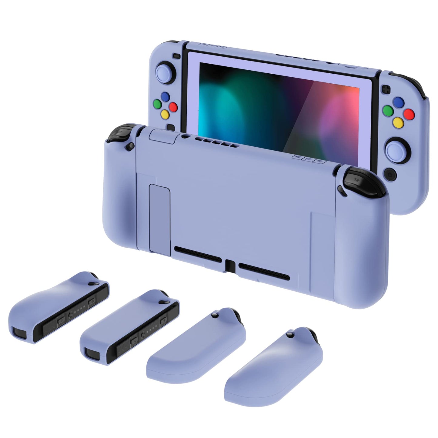 PlayVital AlterGrips Ergonomic Grips Cover for Nintendo Switch  [2 Design] Interchangeable Comfort Dockable Protective Case with Screen Protector & Thumb Grip Buttons Caps - Light Violet