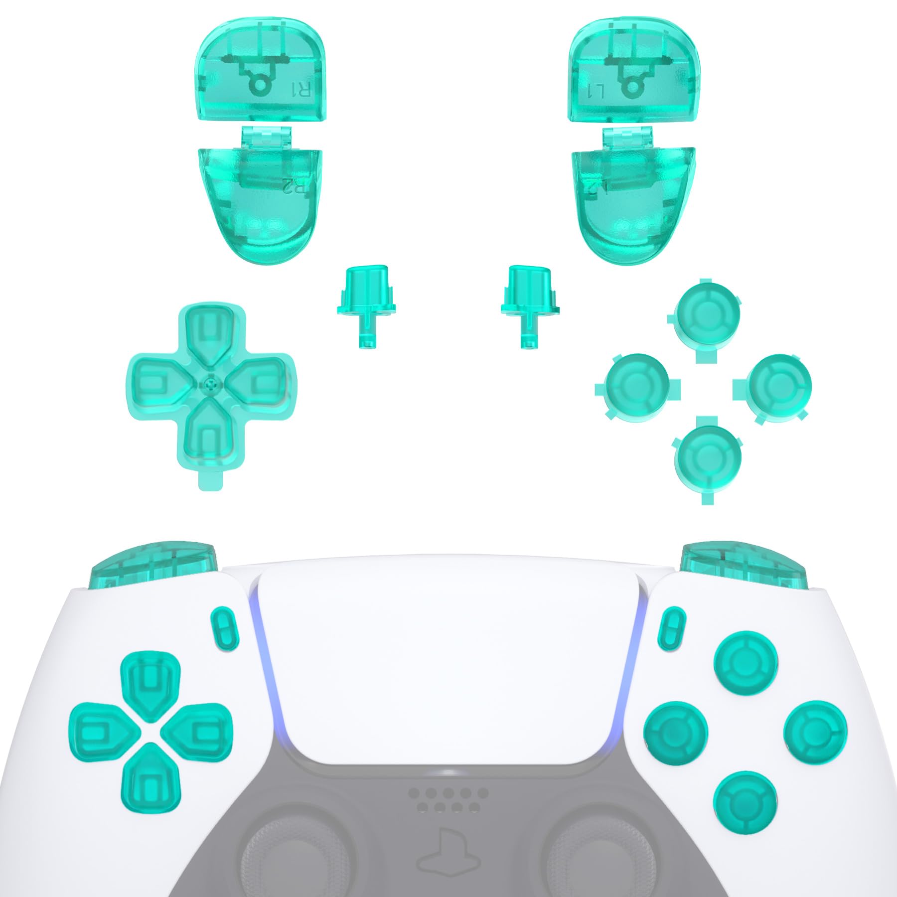 eXtremeRate Replacement D-pad R1 L1 R2 L2 Triggers Share Options Face Button  Emerald Green Full Set Buttons Compatible with p 5 Controller BDM-030 BDM-040 BDM-050