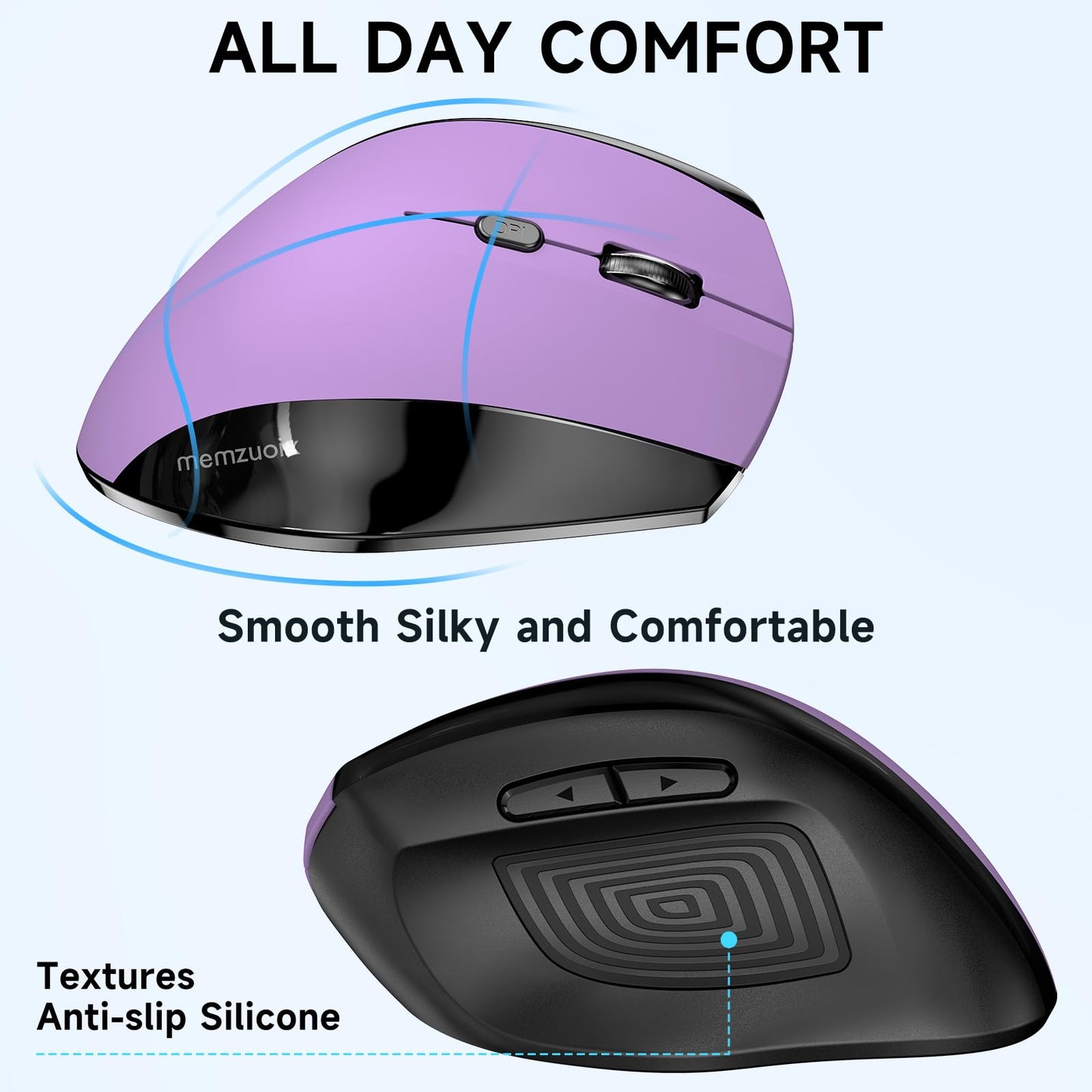 memzuoix Ergonomic Vertical Wireless Mouse - 2.4G Optical, Large Size, Right-Handed, Purple, Model WM-791