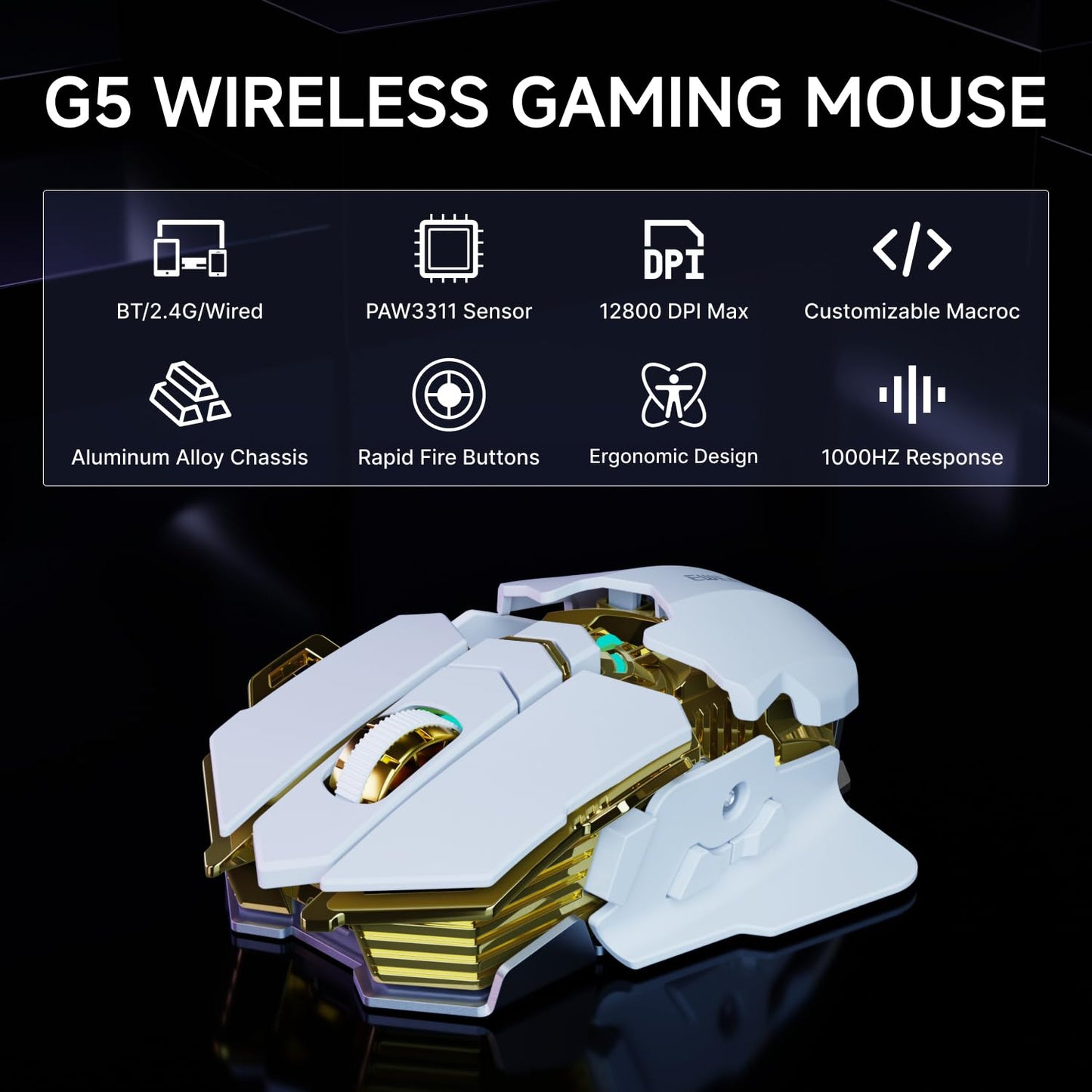SEUNKWANG G5 Wireless Gaming Mouse - 12800 DPI, RGB, 6 Backlit Modes, 9 Macro Buttons, Rechargeable, Bluetooth, White