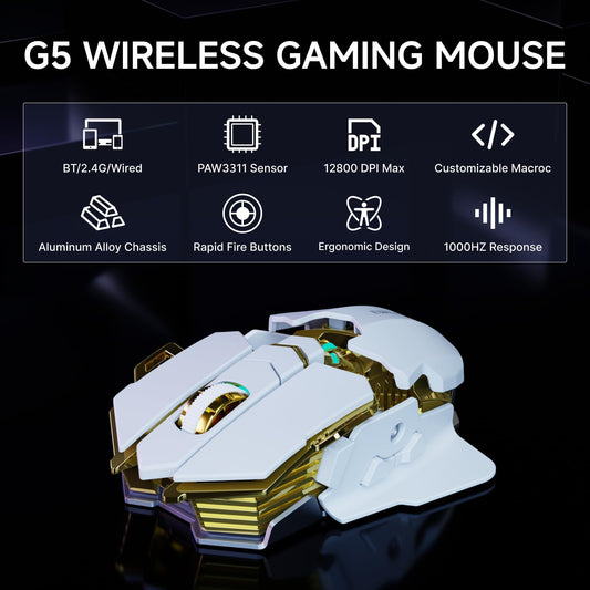 SEUNKWANG G5 Wireless Gaming Mouse - 12800 DPI, RGB, 6 Backlit Modes, 9 Macro Buttons, Rechargeable, Bluetooth, White