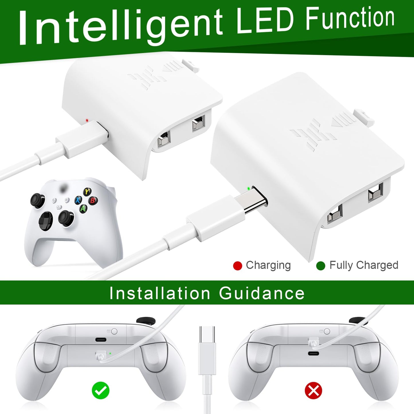 KEKUCULL Xbox Series S/X Controller Battery Pack, 2x1400mAh Rechargeable, Type-C Charging, White, Model RT010A4-W