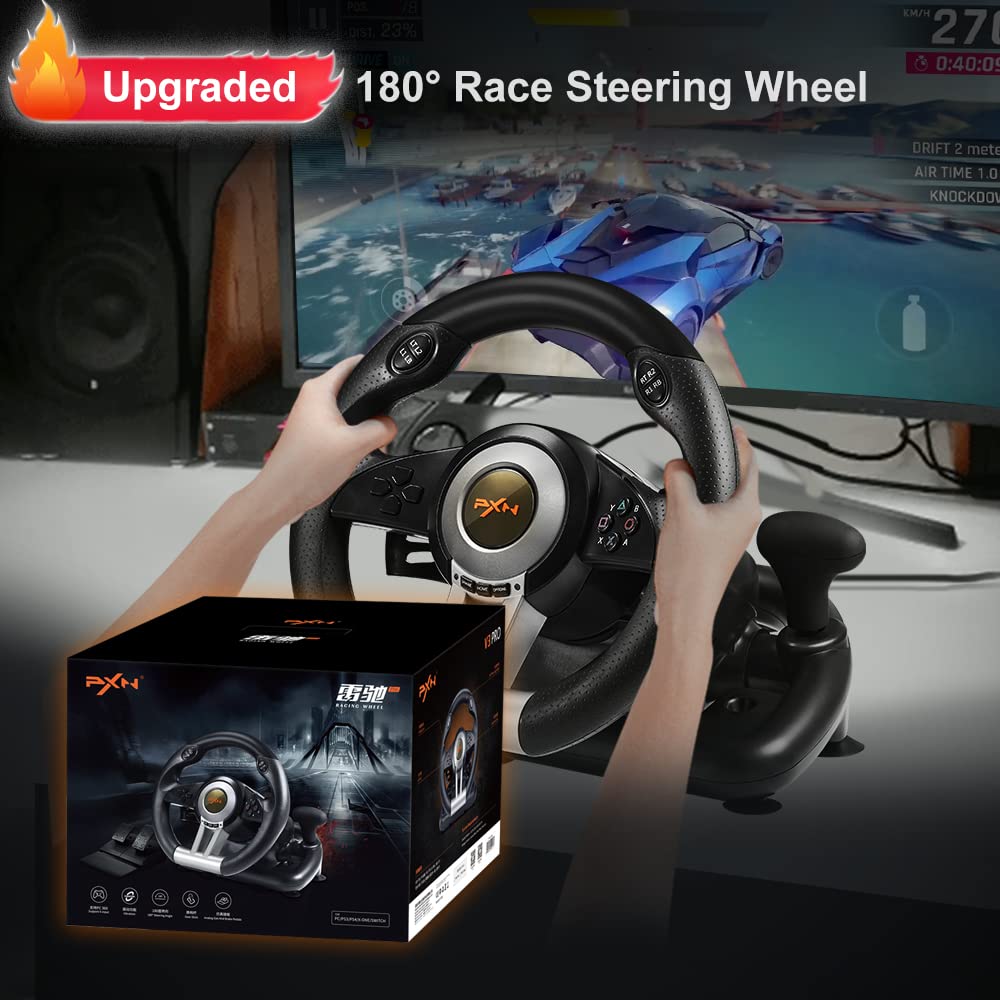 PXN V3 PRO Racing Wheel - 180° Universal USB Steering Wheel with Pedals for Xbox, PS4, Switch - Black