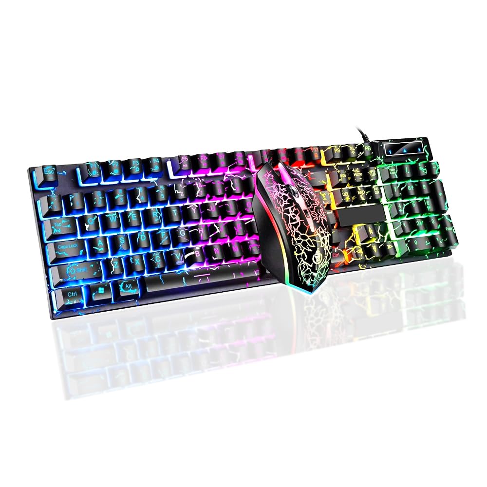 Guiheng Wired Crack Rainbow Gaming Keyboard and Mouse Combo  104 Keys Light Up Mechanical Feeling Computer Keyboard  Wired Gaming Keyboard and Mouse for PC MAC Xbox Gamer(Black)