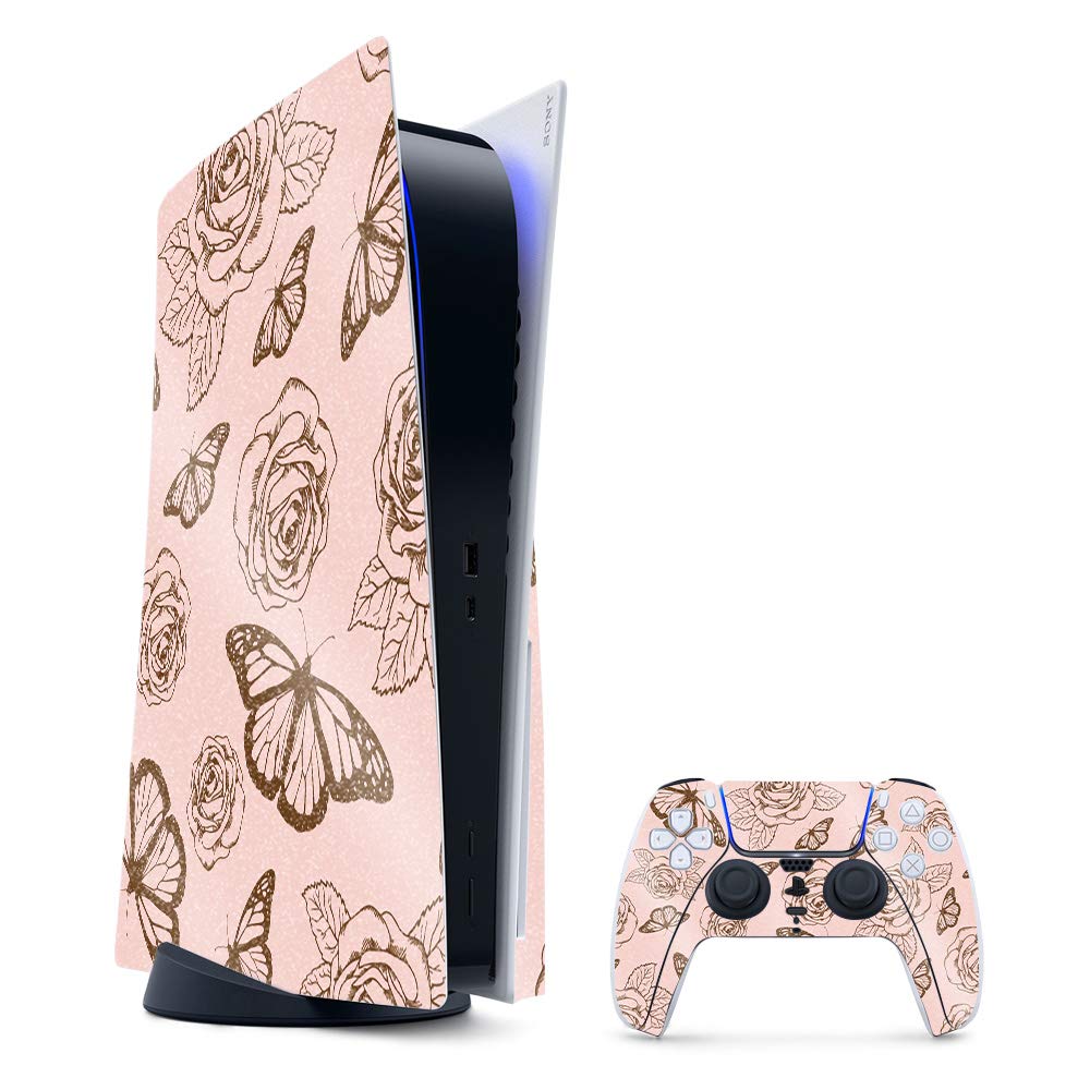 MightySkins Glossy Glitter Gaming Skin for PS5 / PlayStation 5 Bundle - Butterfly Garden | Durable High-Gloss Glitter Finish | Easy to Apply and Change Style | Made in The USA