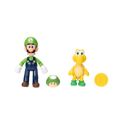 Super Mario Luigi & Koopa Troopa 4-Inch Action Figures 2-Pack with Accessories, Model 416434, Color: Luigi & Koopa Troopa
