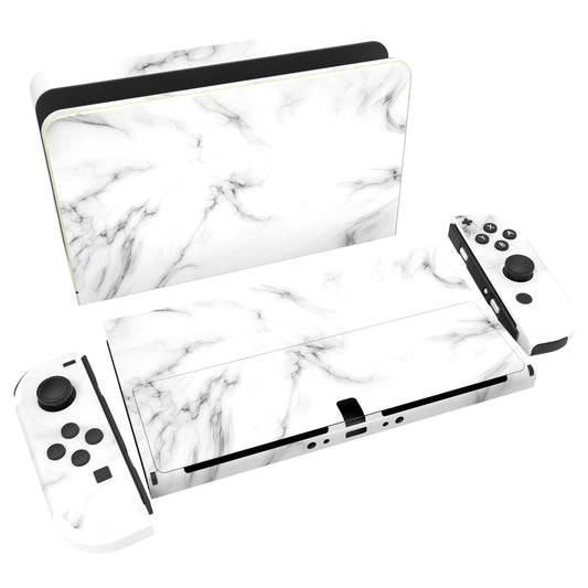 PlayVital Full Set Protective Stickers for Nintendo Switch OLED Model  Customized Vinyl Decal Skins for Switch OLED Console & Joycon & Dock & Grip - Seamless White Marble