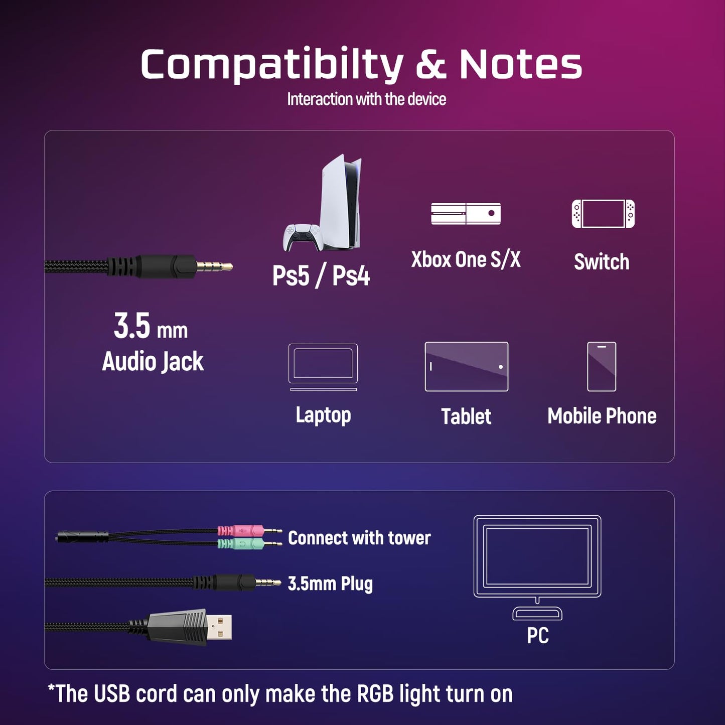 Ozeino Gaming Headset - 7.1 Surround Sound, Noise Cancelling Mic, RGB Light, Over Ear - Black Blue - Compatible with PC, PS4, PS5, Xbox Series X