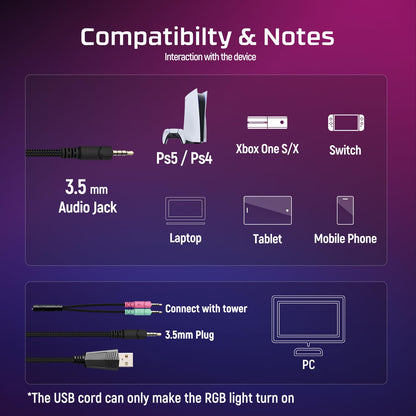 Ozeino Gaming Headset - 7.1 Surround Sound, Noise Cancelling Mic, RGB Light, Over Ear - Black Blue - Compatible with PC, PS4, PS5, Xbox Series X