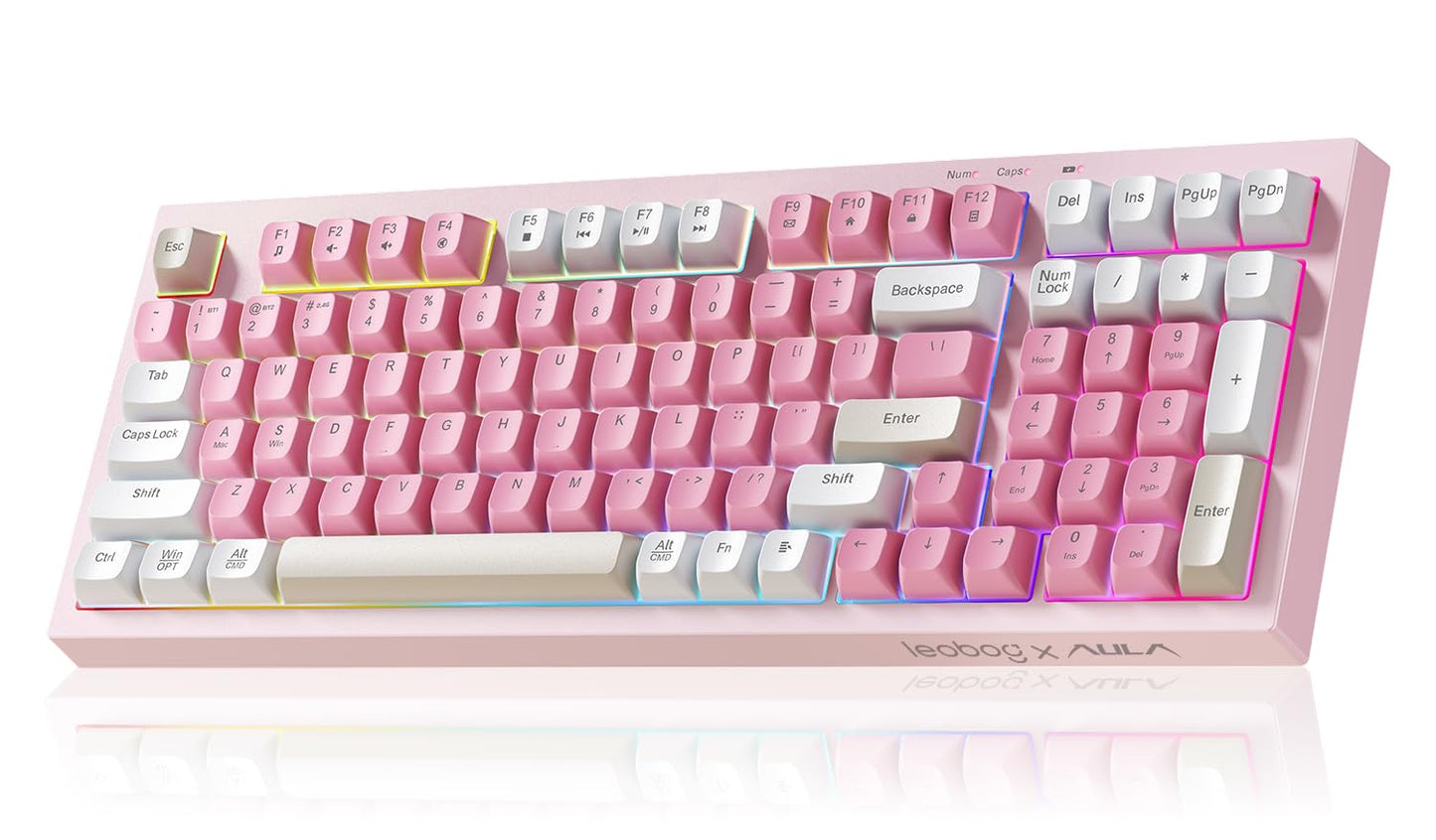 LEOBOG x Aula Gaming Keyboard  Wireless Creamy Keyboard  Bluetooth Computer Keyboards Mechanical Feeling Full Size with Number Pad Light Up RGB Backlit Tri-Mode BT/2.4GHz/USB-C - K99 Pink
