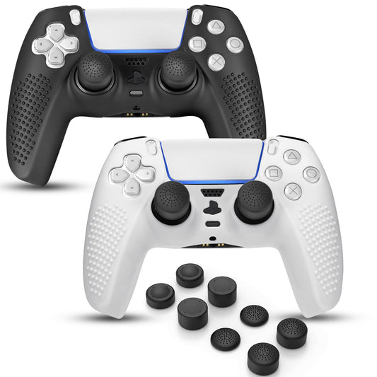 FAMOMI PS5 Controller Skin  Anti-Slip Soft Silicone Protective Cover Case for PlayStation 5 Controller Grip Accessories  2 Pack with 8 x Thumb Grip Caps (Black&White)