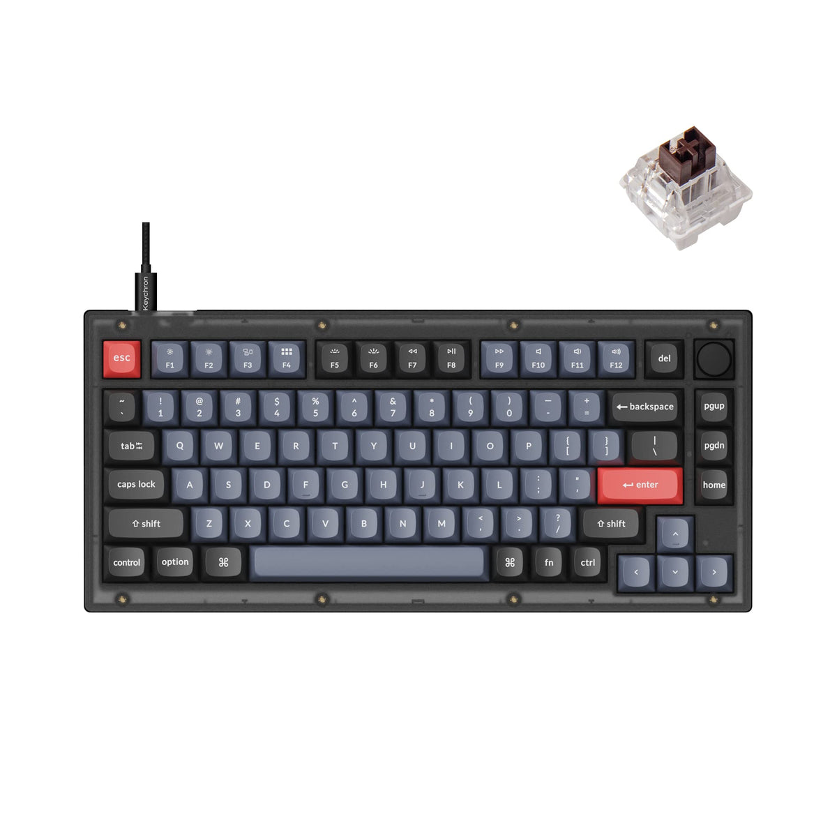 Keychron V1 Wired Custom Mechanical Keyboard Knob Version  75% Layout QMK/VIA Programmable with Hot-swappable Keychron K Pro Brown Switch Compatible with Mac Windows Linux (Frosted Black-Translucent)